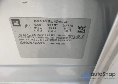 2014 Chevrolet Cruze 2Lt Auto from USA, damaged, VIN 1G1PE5SB9E7432833